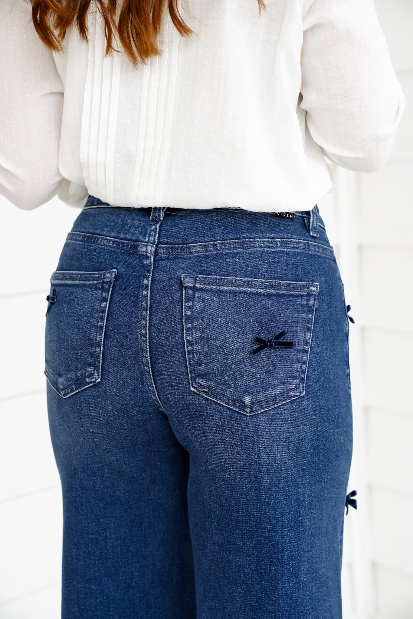 Risen High Rise Dark Wash Tummy Control Crop Wide Leg Jeans with Bows
