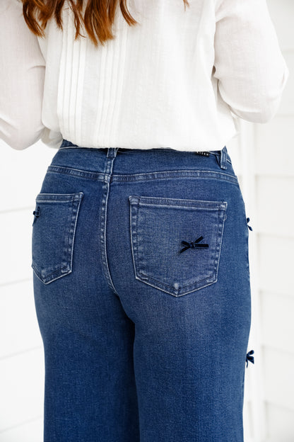 Risen High Rise Dark Wash Tummy Control Crop Wide Leg Jeans with Bows