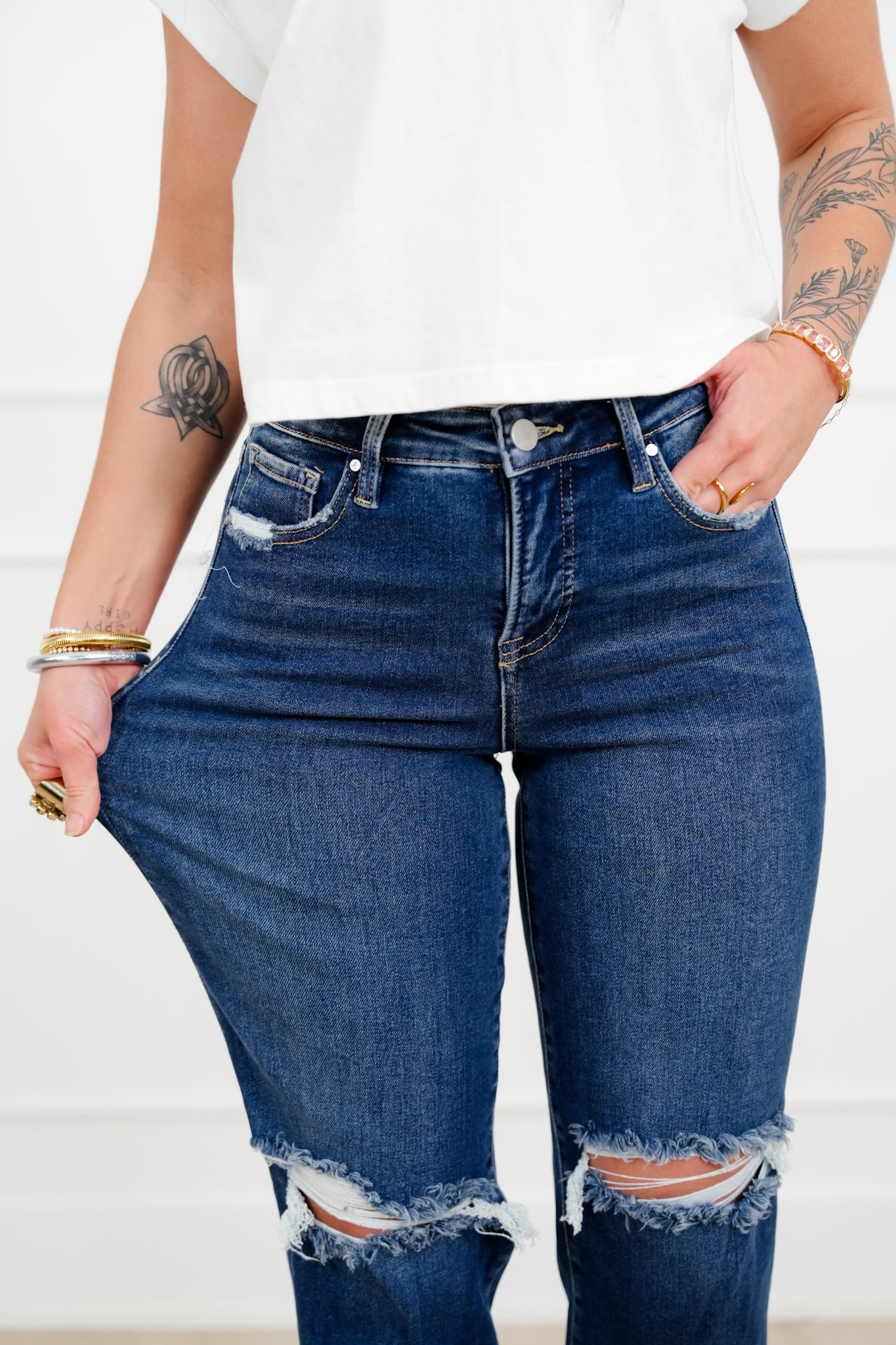 Risen High Rise Dark Wash Tummy Control Distressed Girlfriend Jeans