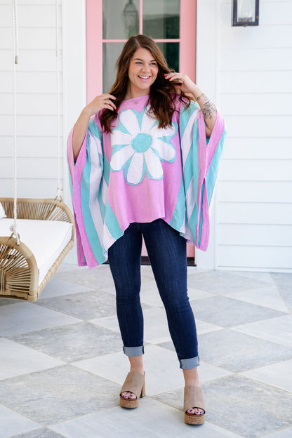 Color Block Flower Patch Long Sleeve Poncho Top
