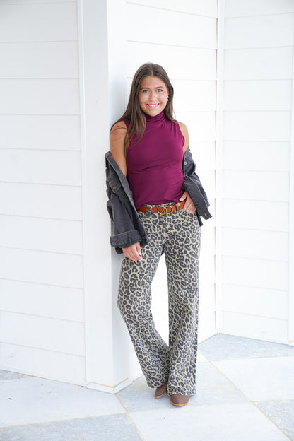 Risen Mid Rise Leopard Wide Leg Jeans