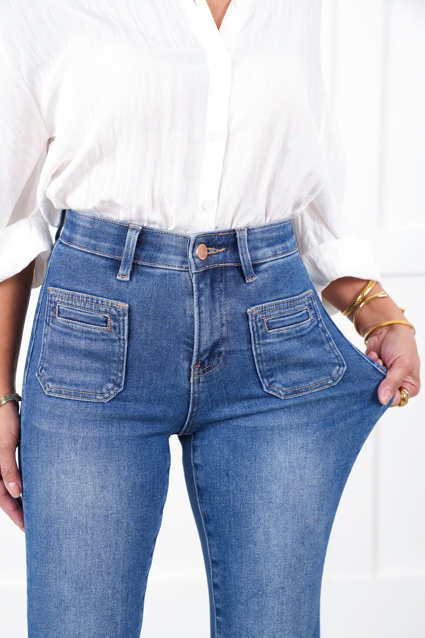 Risen High Rise Medium Wash Elastic Waistband Slim Straight Leg Jeans with Front Patch Pockets
