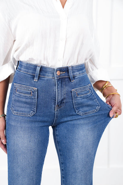 Risen High Rise Medium Wash Elastic Waistband Slim Straight Leg Jeans with Front Patch Pockets