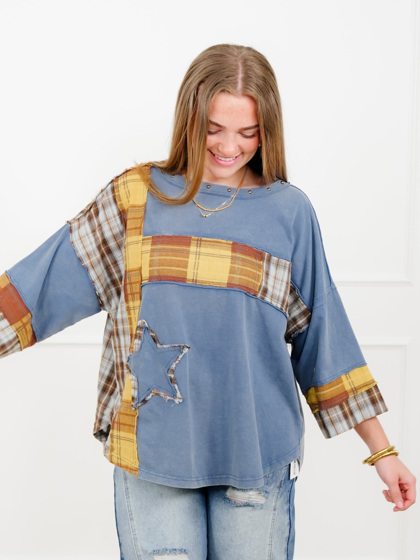 Plaid Mixed 3/4 Sleeve Top with Star Patch
