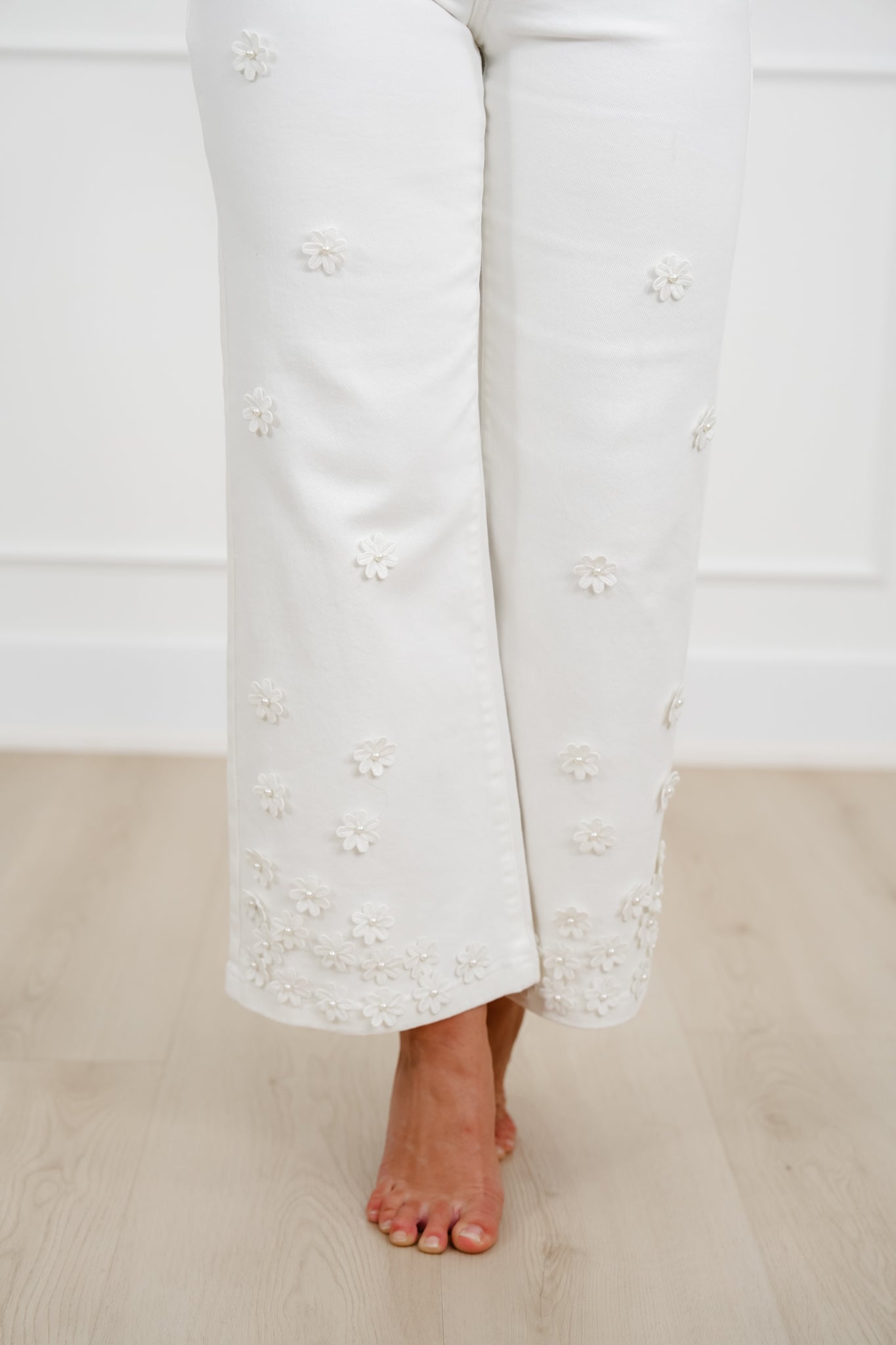 Risen Mid Rise Cream Tummy Control Wide Leg Jeans with Flowers