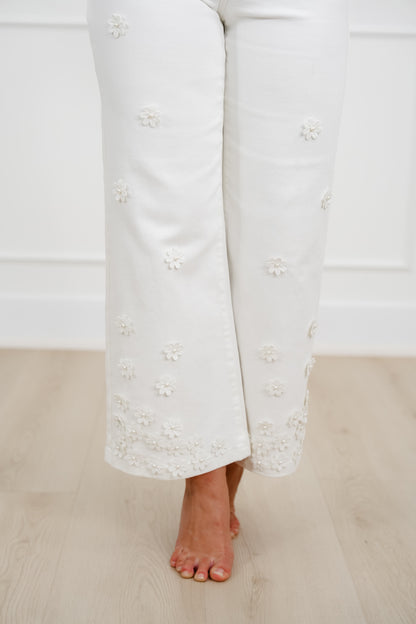 Risen Mid Rise Cream Tummy Control Wide Leg Jeans with Flowers