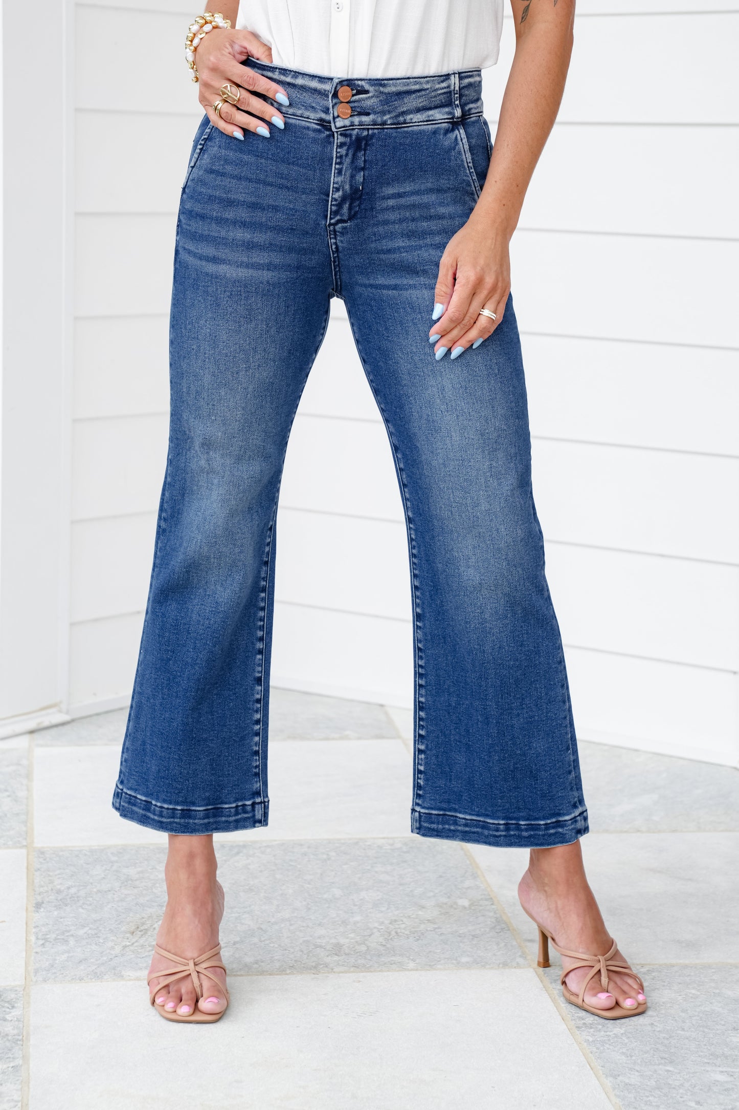 Risen High Rise Dark Wash Wide Waistband Tummy Control Cropped Wide Leg Jeans