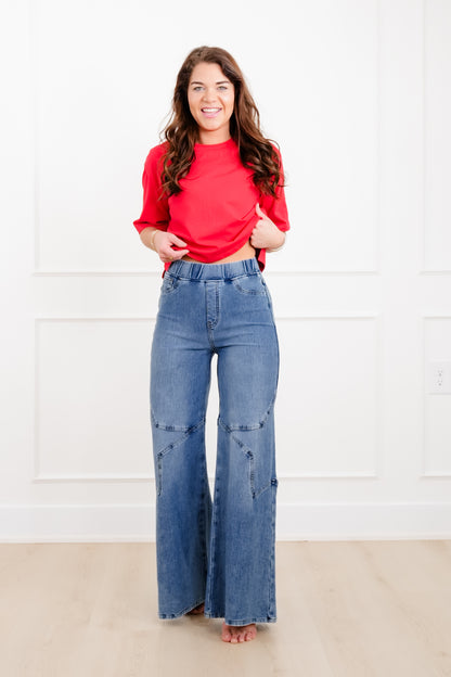 Plus/Reg Saige High Rise Medium Wash Pull On Star Wide Leg Knit Jeans