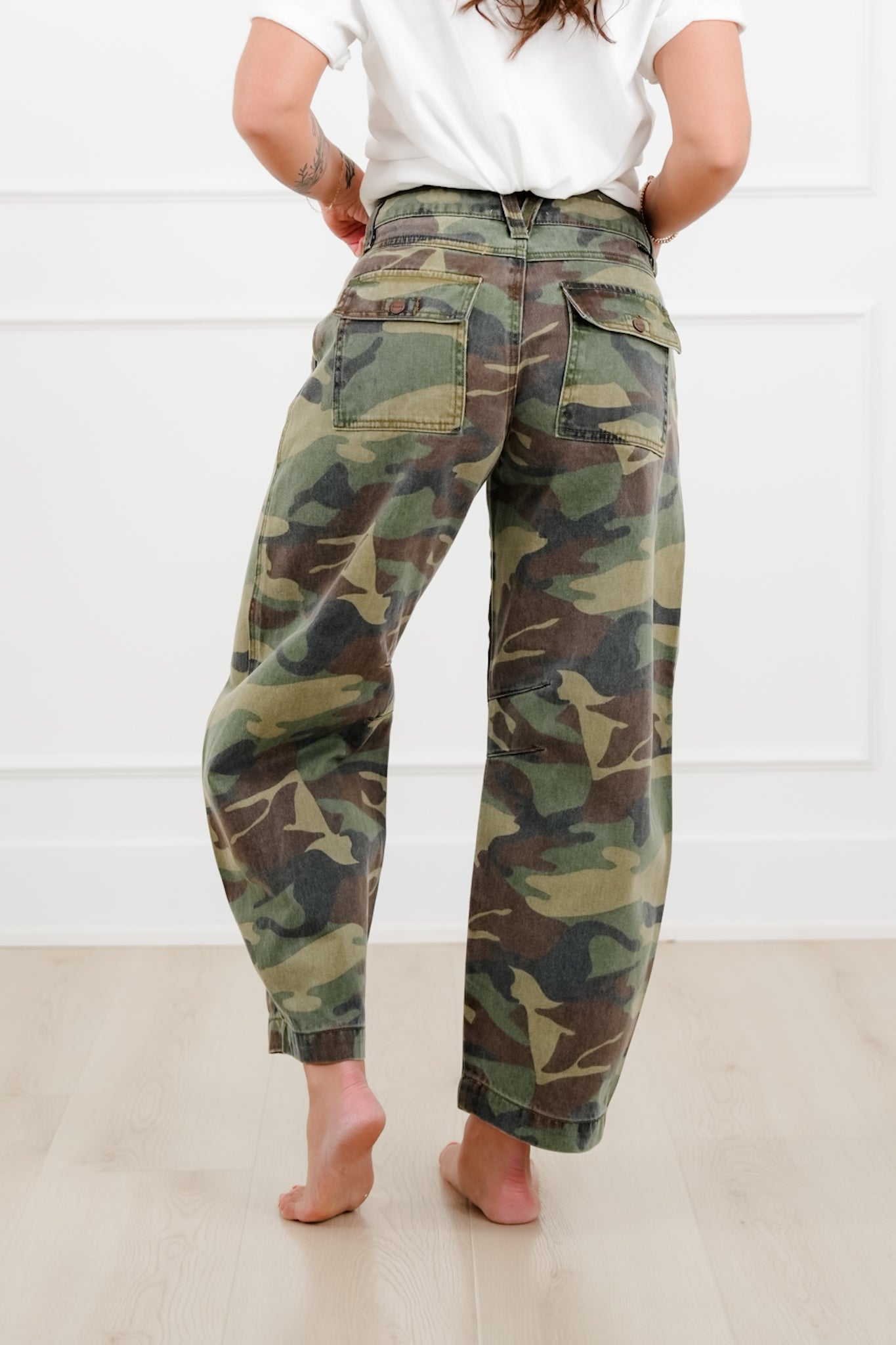 Risen Mid Rise Camo Ankle Barrel Pants