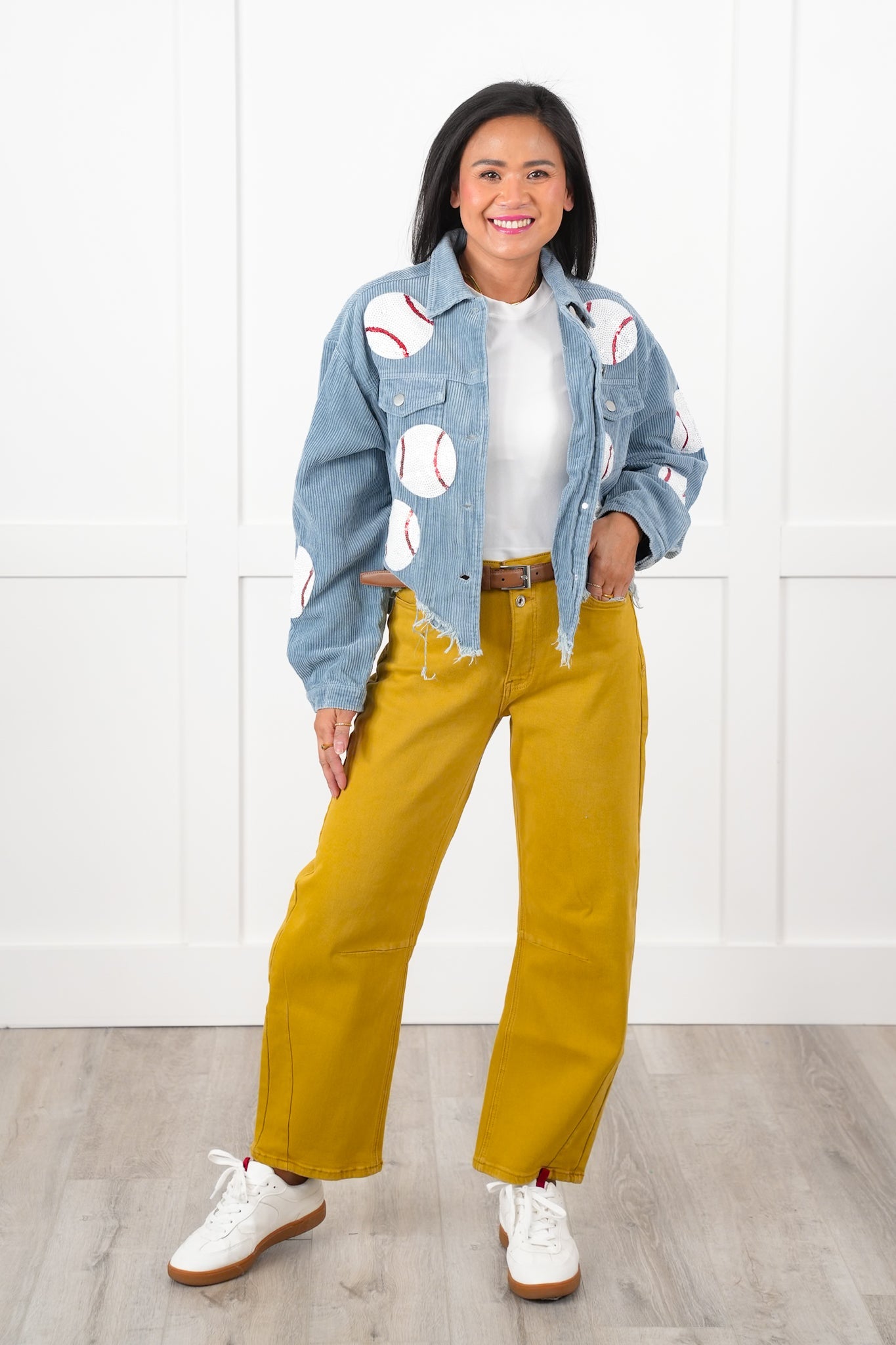 Vintage Wash Corduroy Jacket with Sequin Baseball Patch Detail