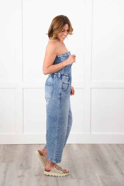 Mineral Wash Denim Sleeveless Overalls with Smocking Detail