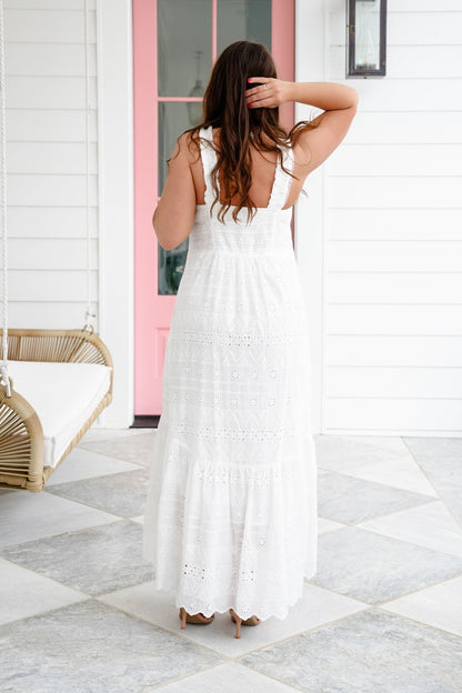Plus/Reg Sleeveless White Eyelet Scalloped Hem Dress