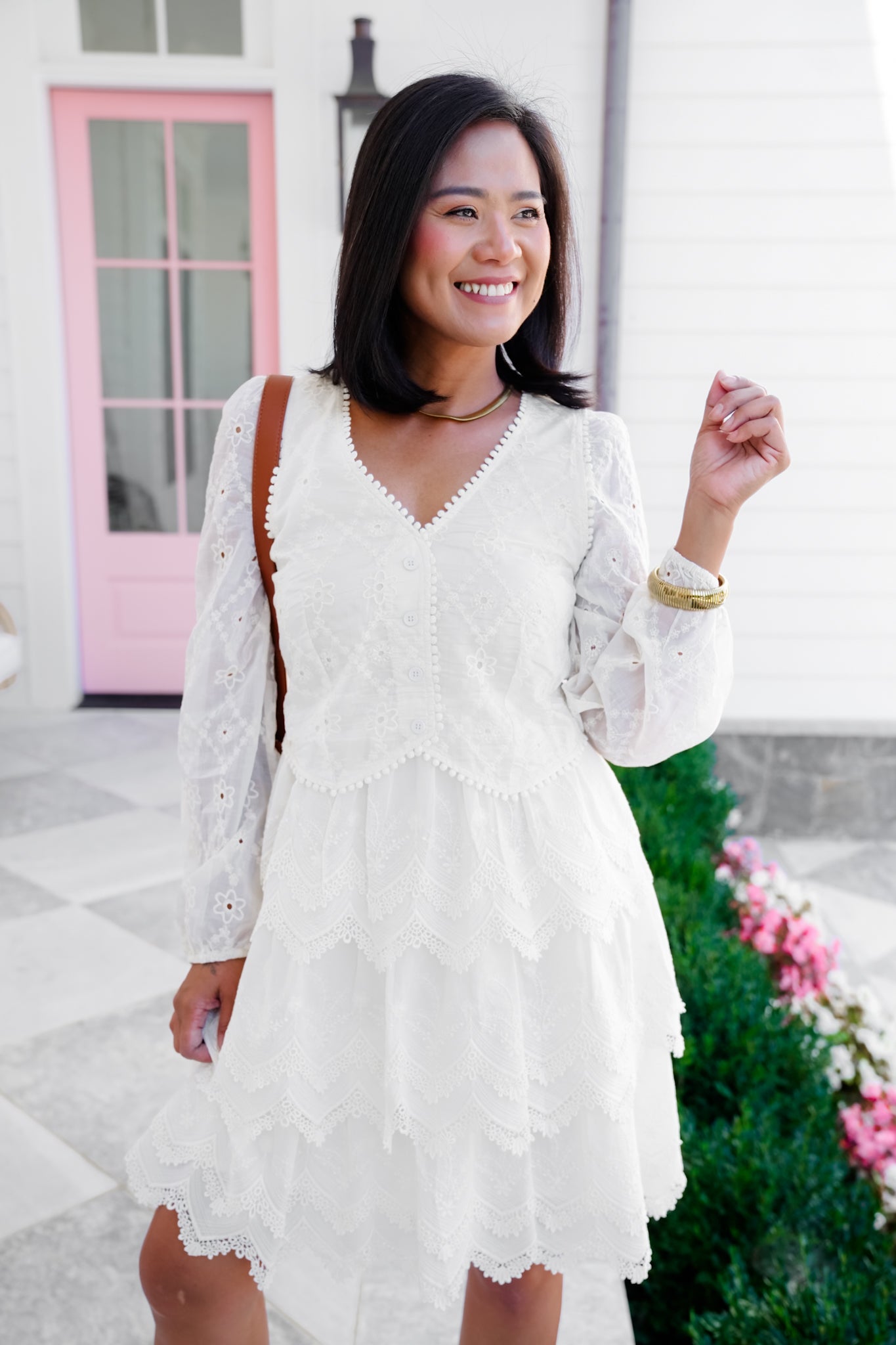 Embroidered Lace Long Sleeve Tiered Dress
