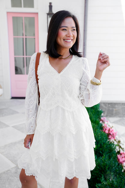 Embroidered Lace Long Sleeve Tiered Dress