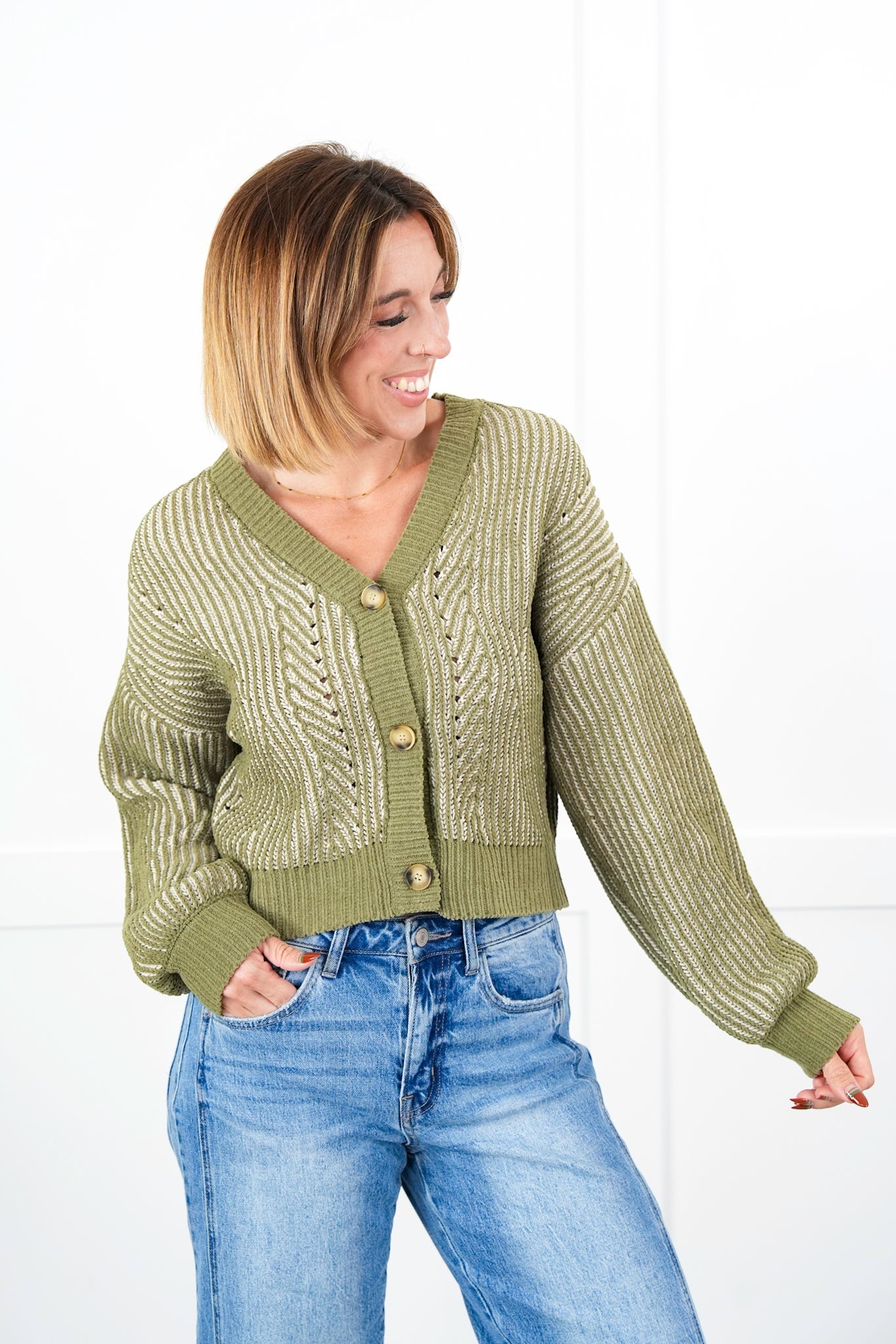 Plus/Reg Two Tone Long Sleeve Button Down Cardigan