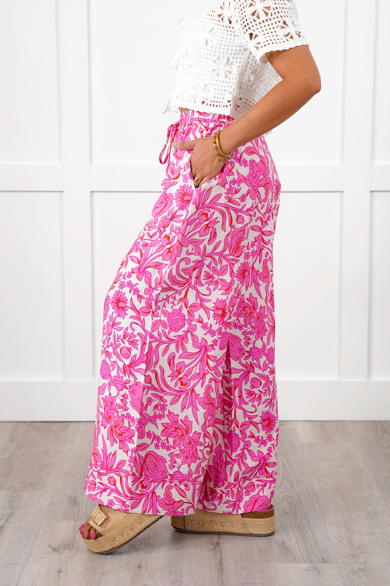 Floral Print Elastic Waist Wide Leg Pants with Side Pockets