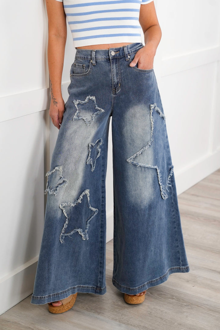 Denim Wide Leg Pants with Star Patch Detail