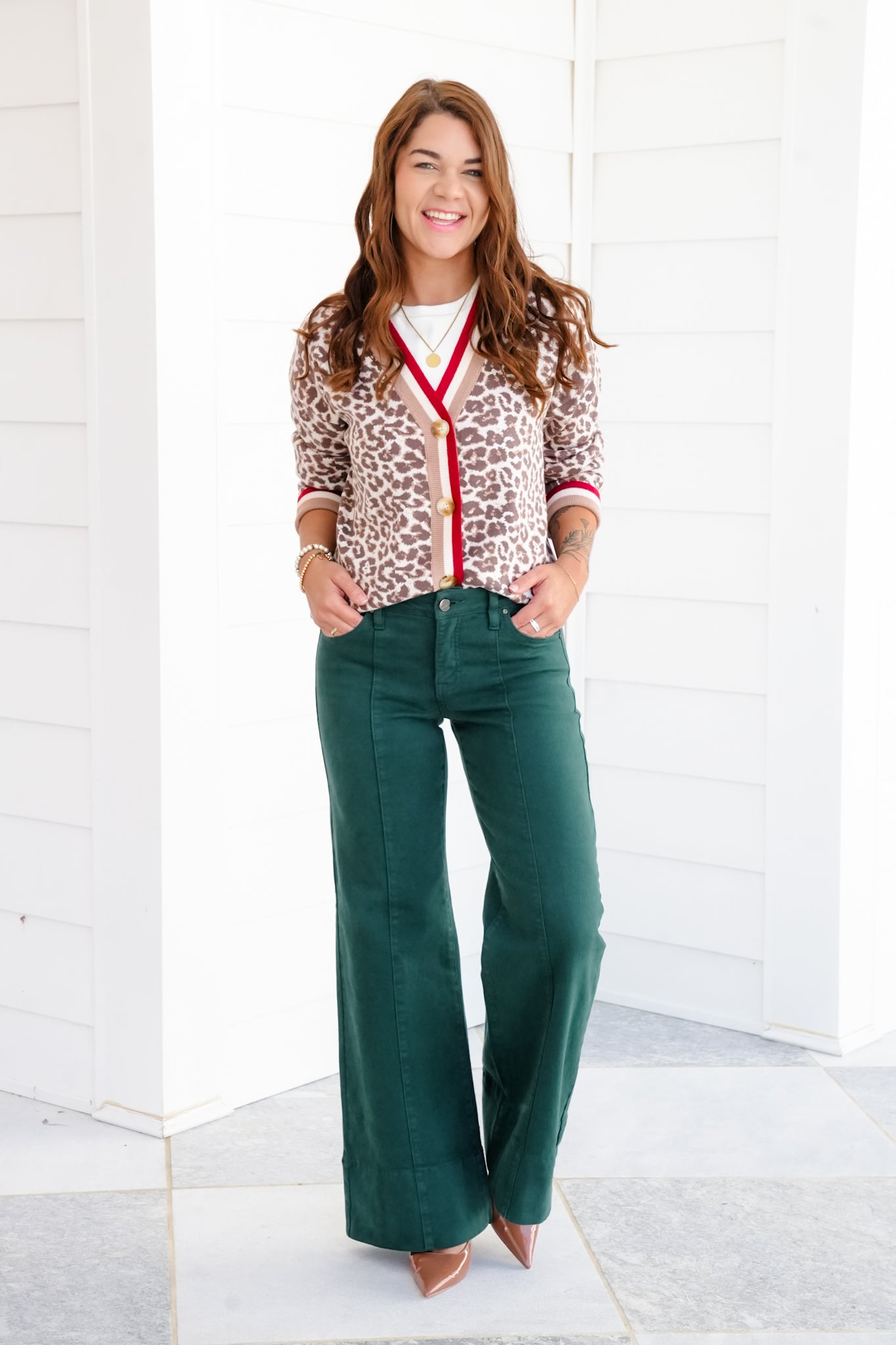 Risen Mid Rise Green Tummy Control Wide Leg Jeans with Large Wide Hem