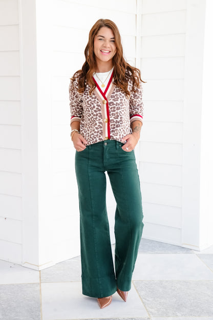 Risen Mid Rise Green Tummy Control Wide Leg Jeans with Large Wide Hem