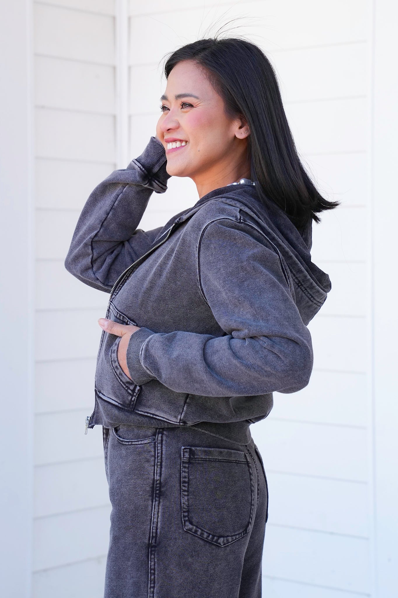 Plus/Reg Mineral Wash Long Sleeve Zip-Up Hooded Jacket
