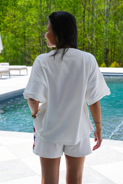 Short Sleeve  Top With Sequin "America" Flags Detail