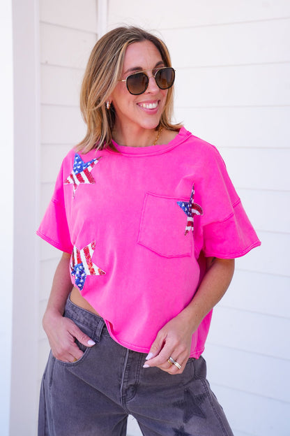 Plus/Reg Mineral Wash Short Sleeve Top with Sequin Star Patch Detail