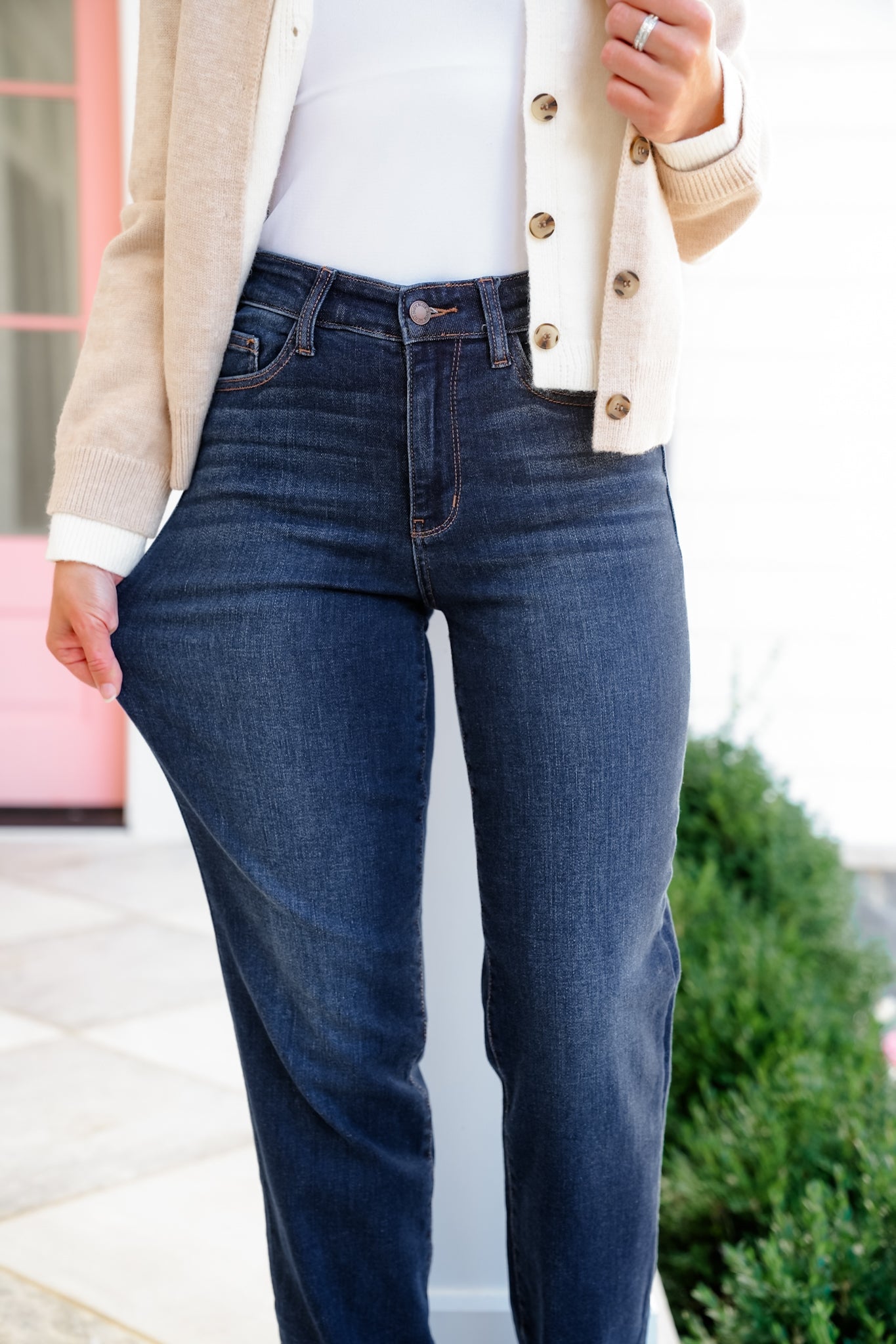 Restock! Judy Blue Mid Rise Dark Wash Straight Leg Jeans with Frayed Hem