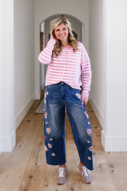 Stripe Long Sleeve Button Down Sweater Cardigan