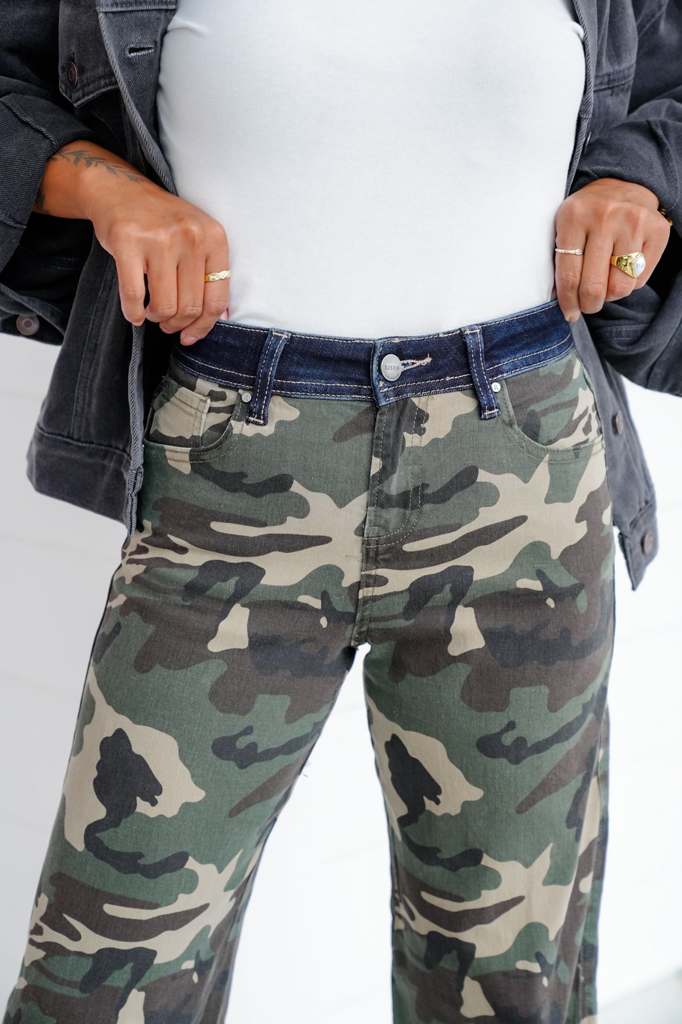 Risen Mid Rise Camo Wide Straight Leg Pants