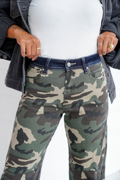 Risen Mid Rise Camo Wide Straight Leg Pants