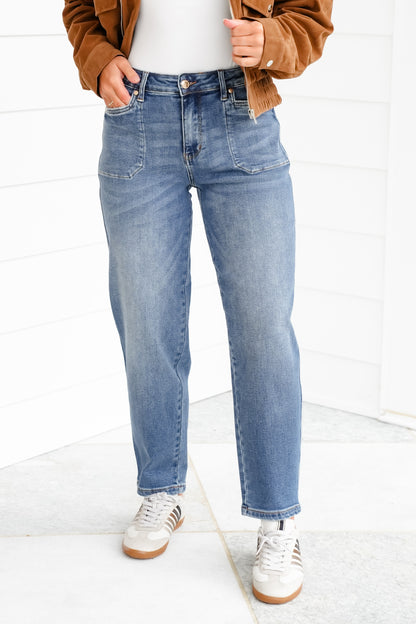 Judy Blue High Rise Medium Wash Soft Barrel Jeans with Square Pockets