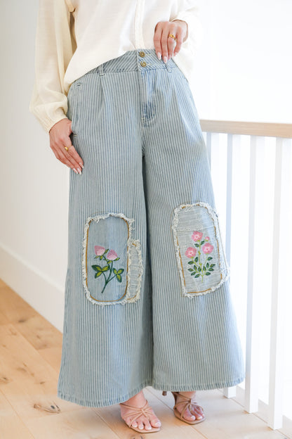 POL Stripe Wide Leg Pants with Floral Embroidery Patches