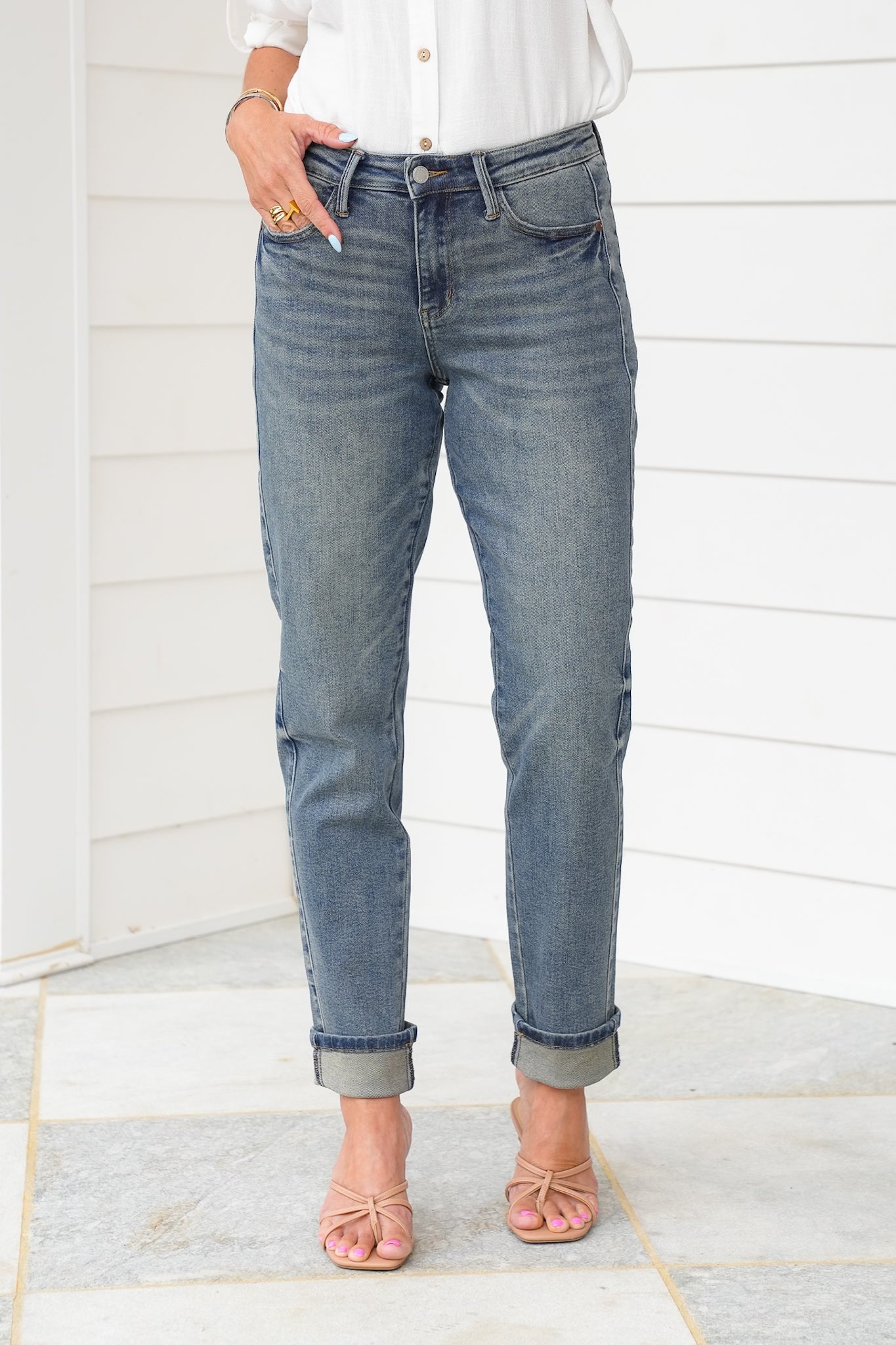 Judy Blue Mid Rise Medium Vintage Wash Boyfriend Jeans with Side Panel And Rolled Cuff
