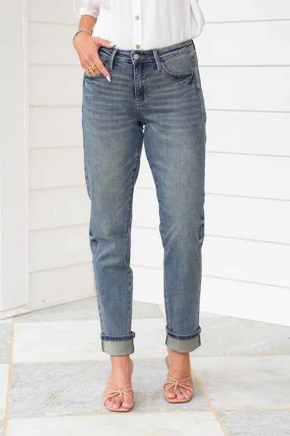 Judy Blue Mid Rise Medium Vintage Wash Boyfriend Jeans with Side Panel And Rolled Cuff