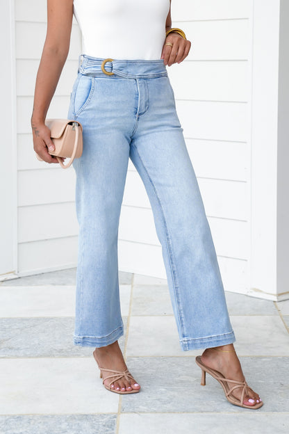 Risen High Rise Light Wash Tummy Control Cropped Wide Leg Jeans with Front Waistband Detail