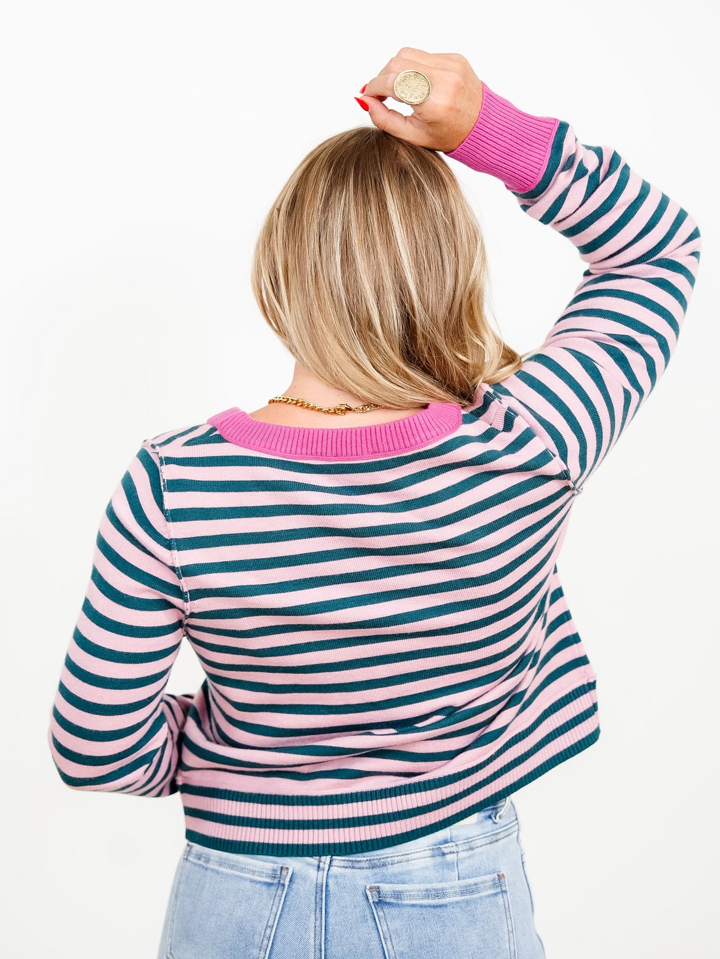 Contrast Color Block & Stripe Button Down Cardigan