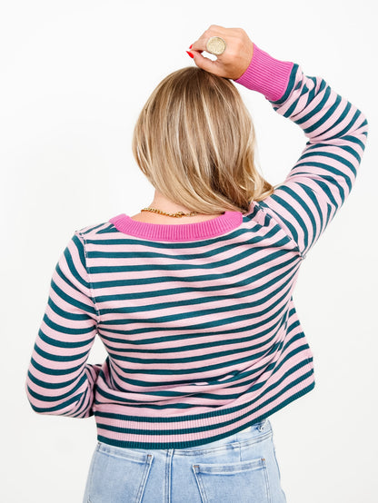 Contrast Color Block & Stripe Button Down Cardigan