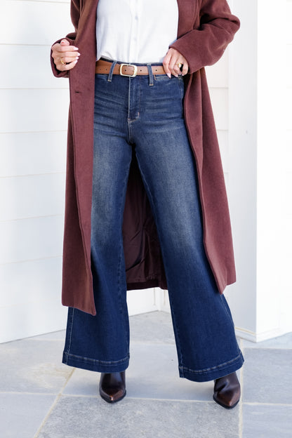 Judy Blue High Rise Dark Wash Tummy Control Retro Wide Leg Jeans with Welt Pockets