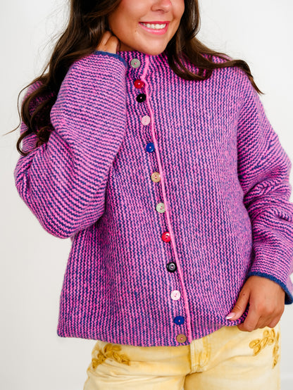 Striped Long Sleeve Mock Neck Sweater Cardigan With Colorful Buttons