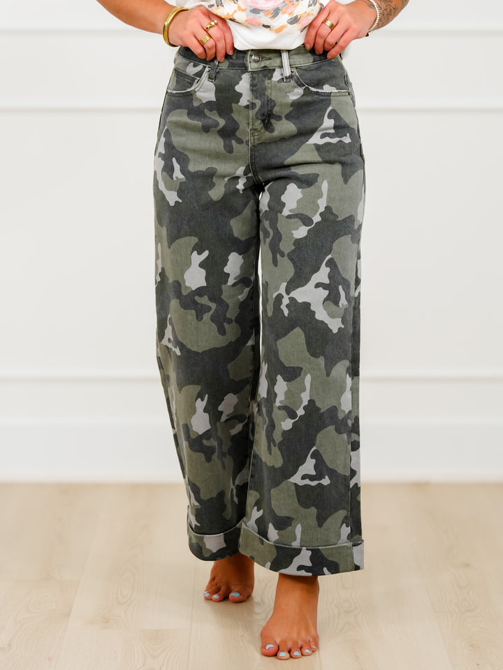 Mica High Rise Camo Wide Leg Cuffed Hem Jeans