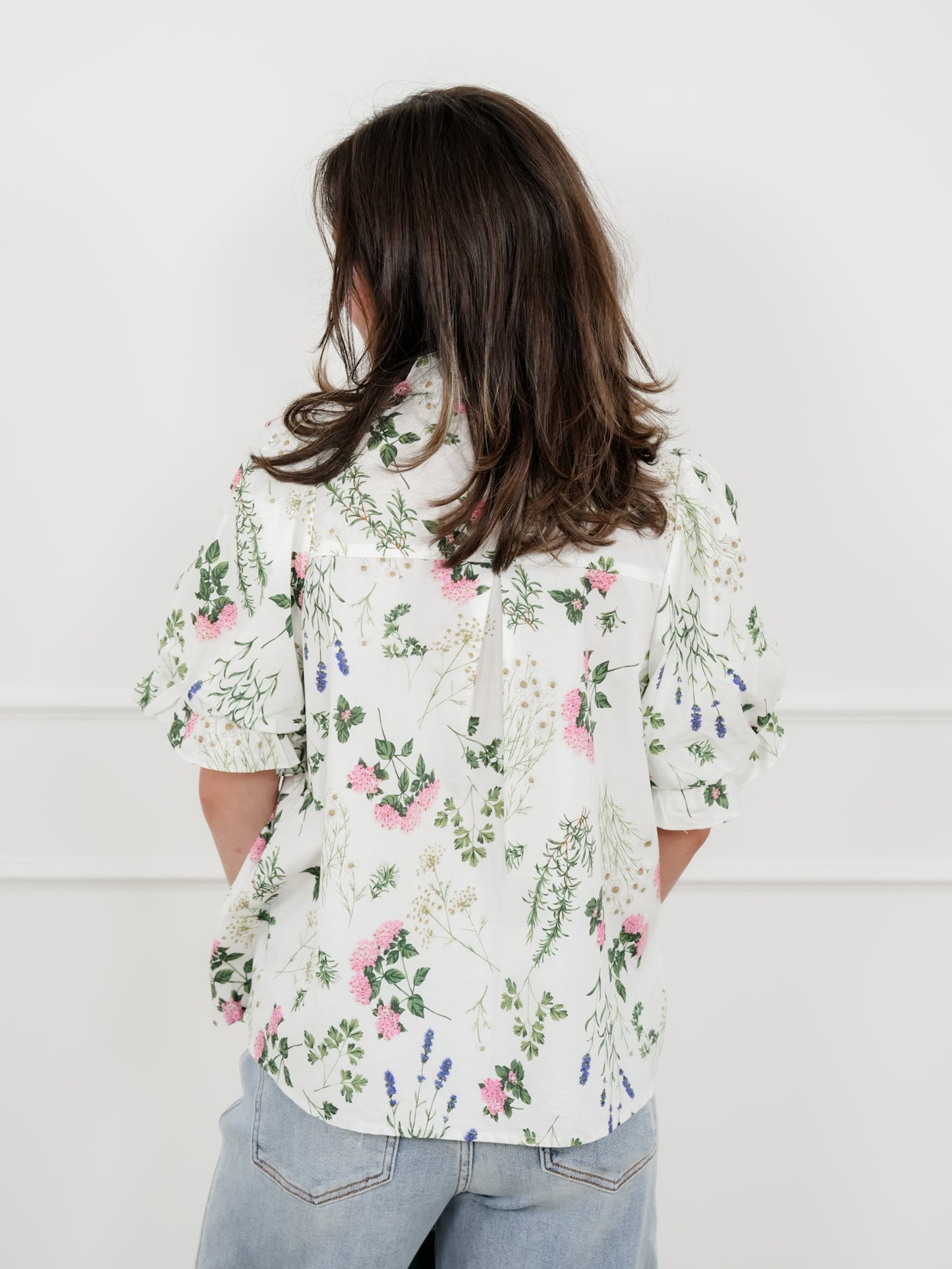 Floral Short Puff Sleeve Button Down Top with Lace Trim
