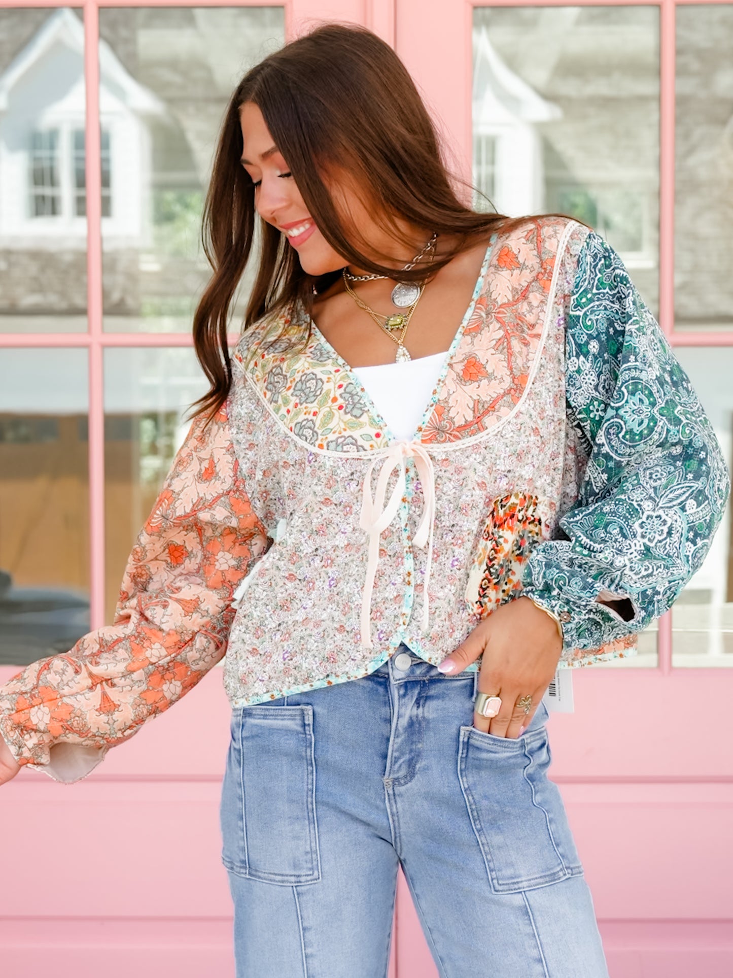 Patchwork Print Long Sleeve Tie Front Top