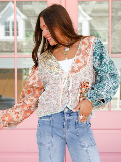 Patchwork Print Long Sleeve Tie Front Top