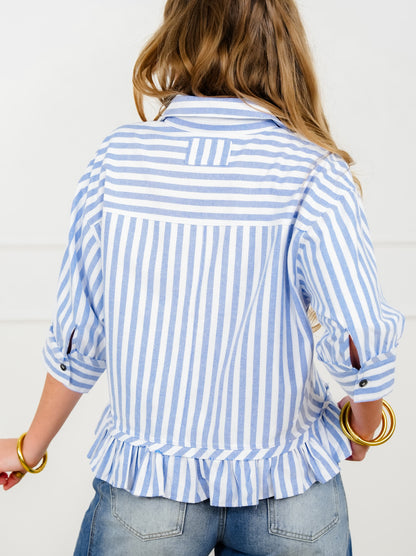 Striped 3/4 Sleeve Button Down Top with Ruffle Hem