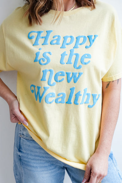 Short Sleeve Puff Print "Happy Is The New Wealthy" Graphic Tee