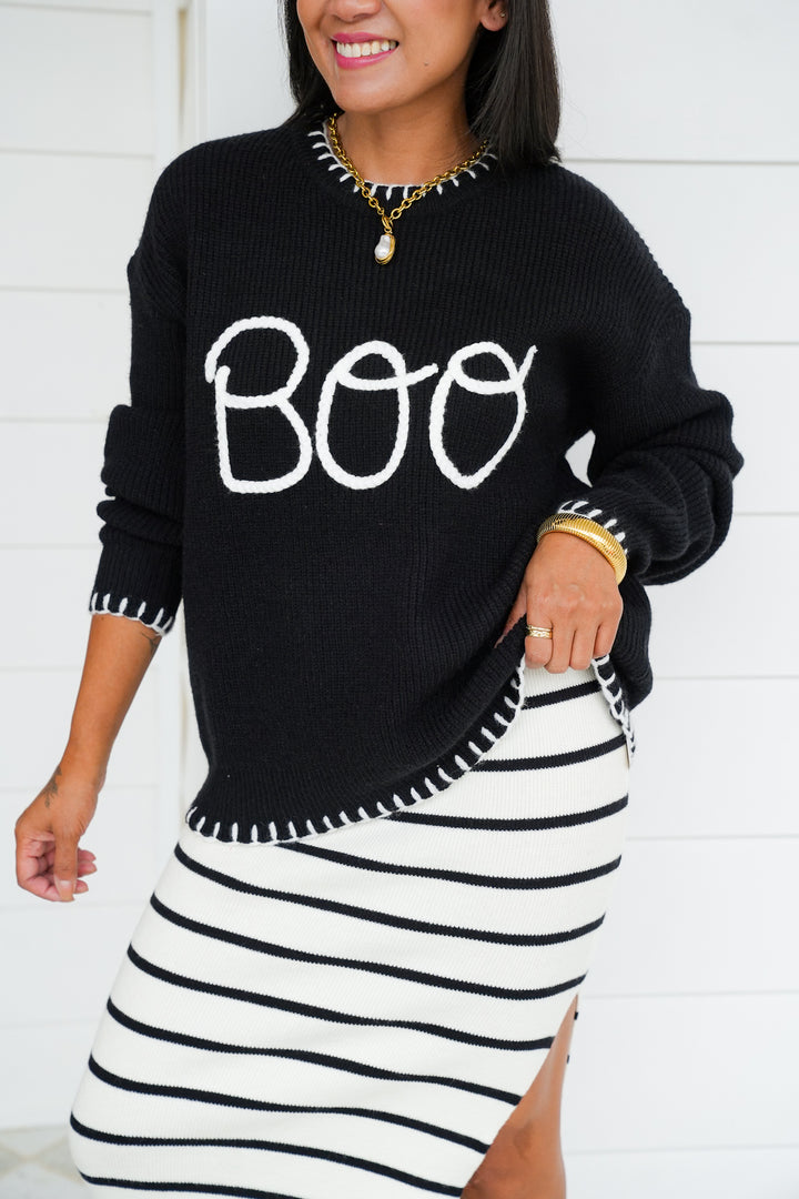 Black Halloween Long Sleeve "Boo" Sweater with Braided Detail