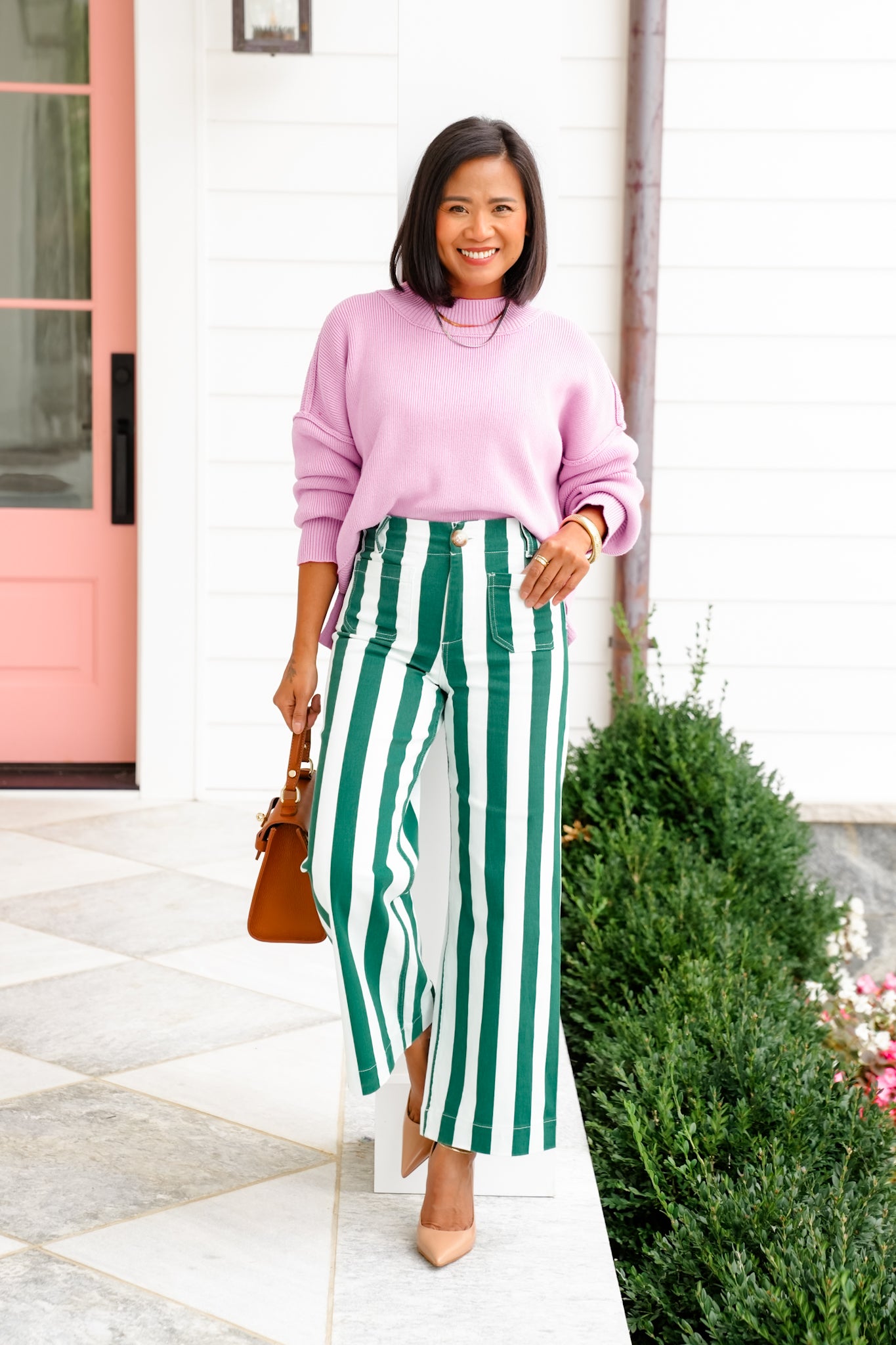 Mica High Rise Green and White Striped Cropped Wide Leg Jeans