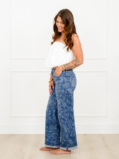 Risen Mid Rise Medium Wash Paisley Straight Leg Jeans