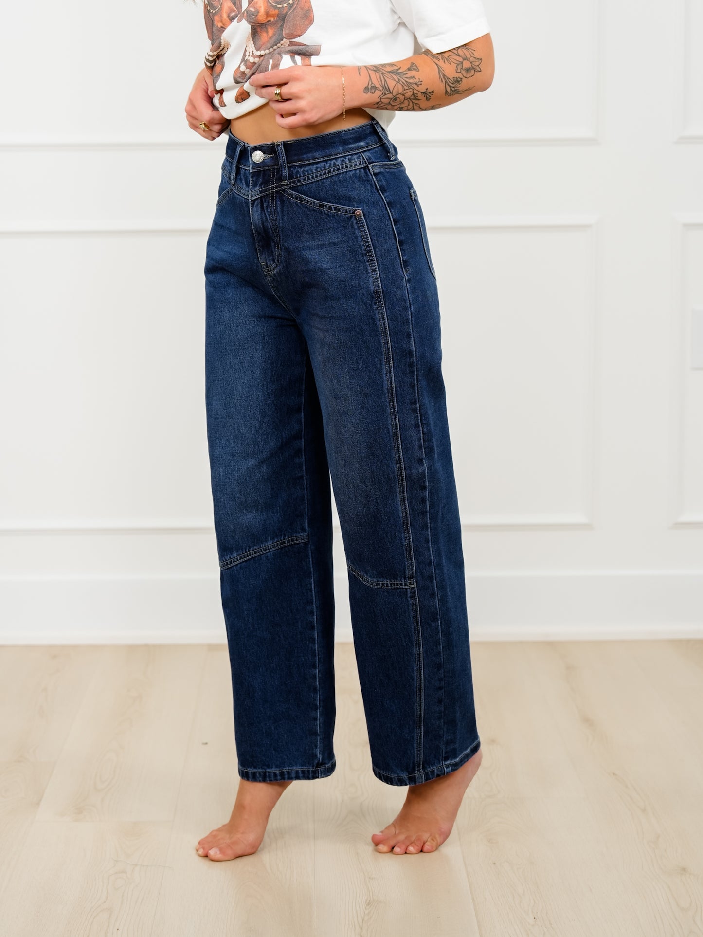 Saige High Rise Dark Wash Tummy Control Low Curve Barrel Jeans