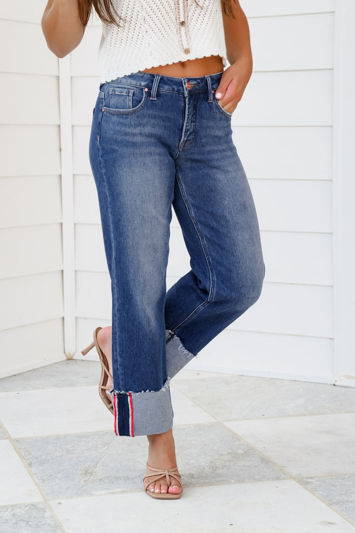 Risen Mid Rise Dark Wash Tummy Control Cropped Wide Leg Cuffed Jeans